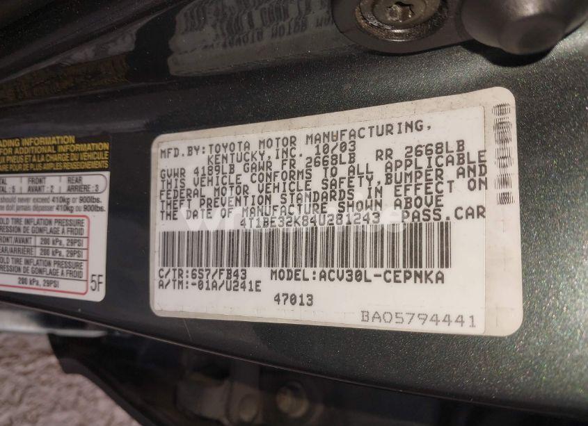 Photo 9 of 2004 Toyota Camry LE (VIN 4T1BE32K84U281243)