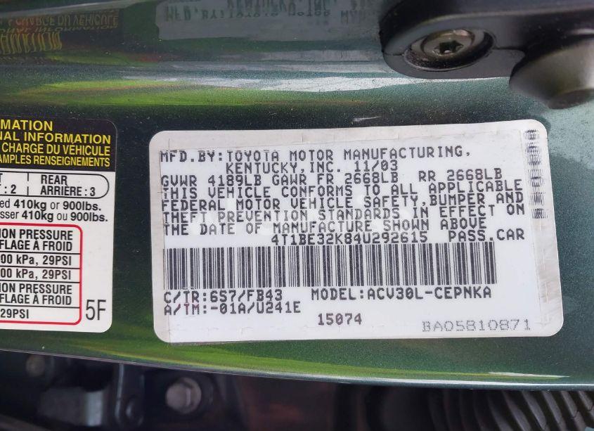 Photo 9 of 2004 Toyota Camry LE (VIN 4T1BE32K84U292615)