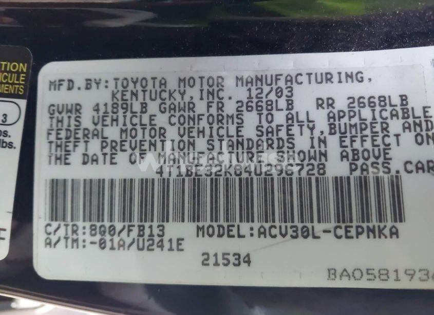 Photo 9 of 2004 Toyota Camry LE (VIN 4T1BE32K84U296728)