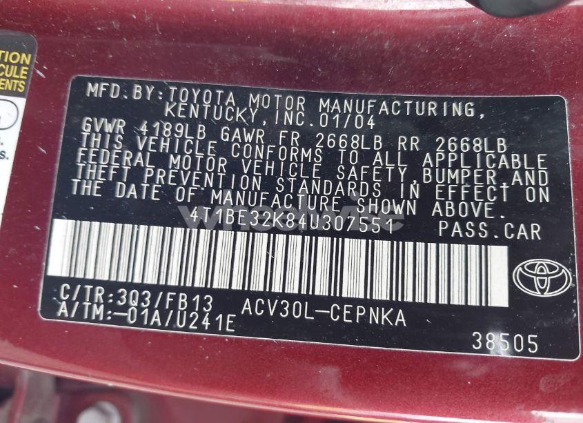 Photo 9 of 2004 Toyota Camry LE (VIN 4T1BE32K84U307551)