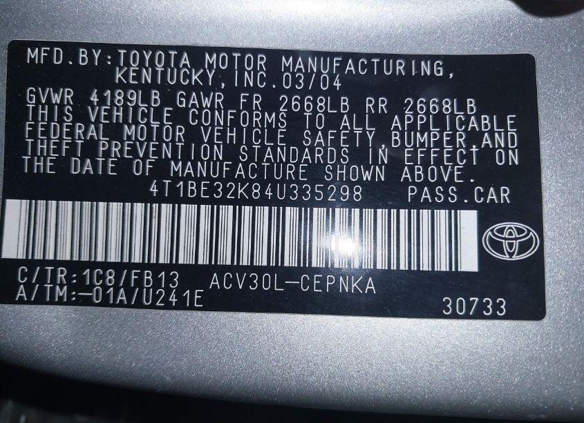 Photo 9 of 2004 Toyota Camry LE (VIN 4T1BE32K84U335298)