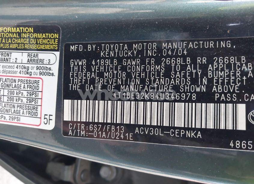 Photo 9 of 2004 Toyota Camry LE (VIN 4T1BE32K84U346978)