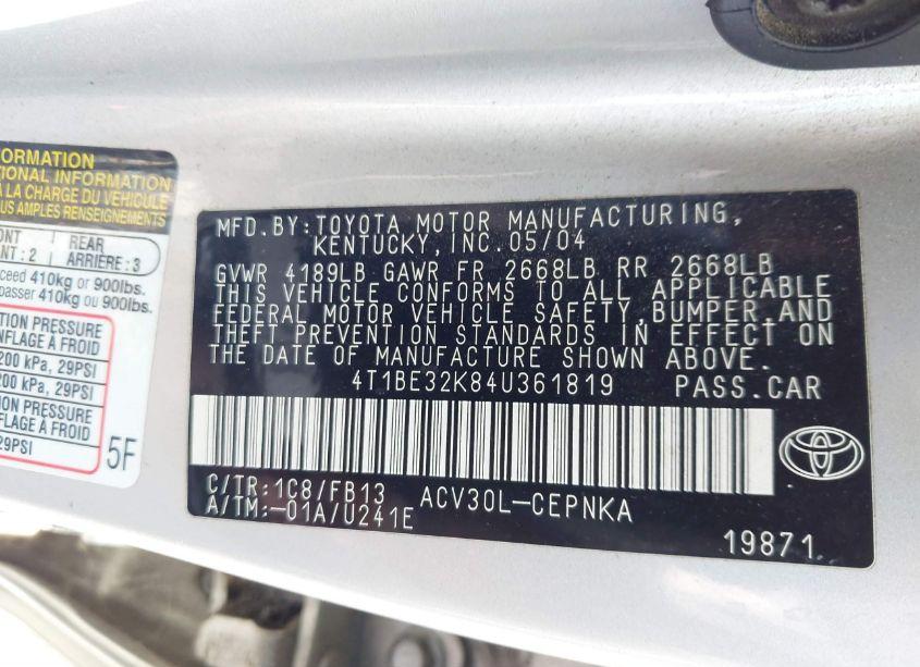 Photo 9 of 2004 Toyota Camry LE (VIN 4T1BE32K84U361819)