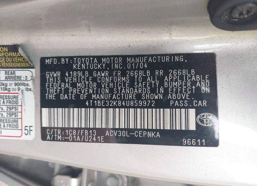 Photo 9 of 2004 Toyota Camry LE (VIN 4T1BE32K84U859972)