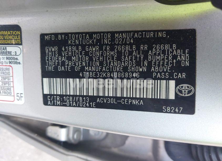 Photo 9 of 2004 Toyota Camry LE (VIN 4T1BE32K84U868946)