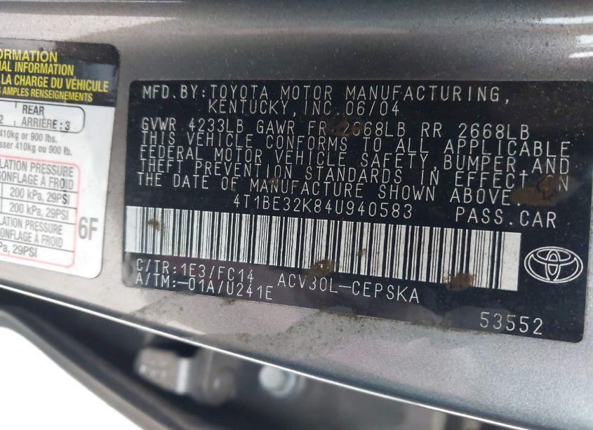 Photo 9 of 2004 Toyota Camry SE (VIN 4T1BE32K84U940583)