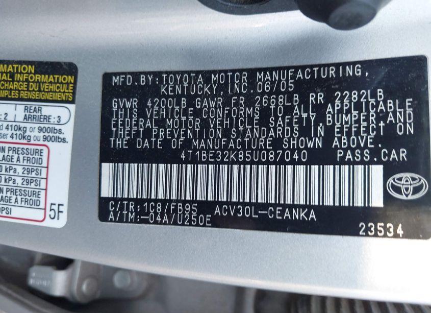 Photo 9 of 2005 Toyota Camry LE (VIN 4T1BE32K85U087040)