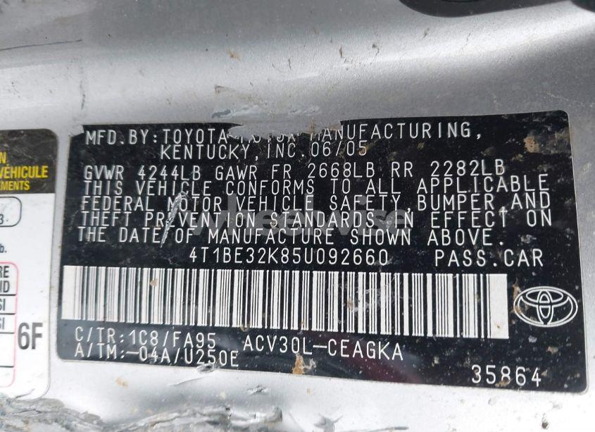 Photo 9 of 2005 Toyota Camry XLE (VIN 4T1BE32K85U092660)