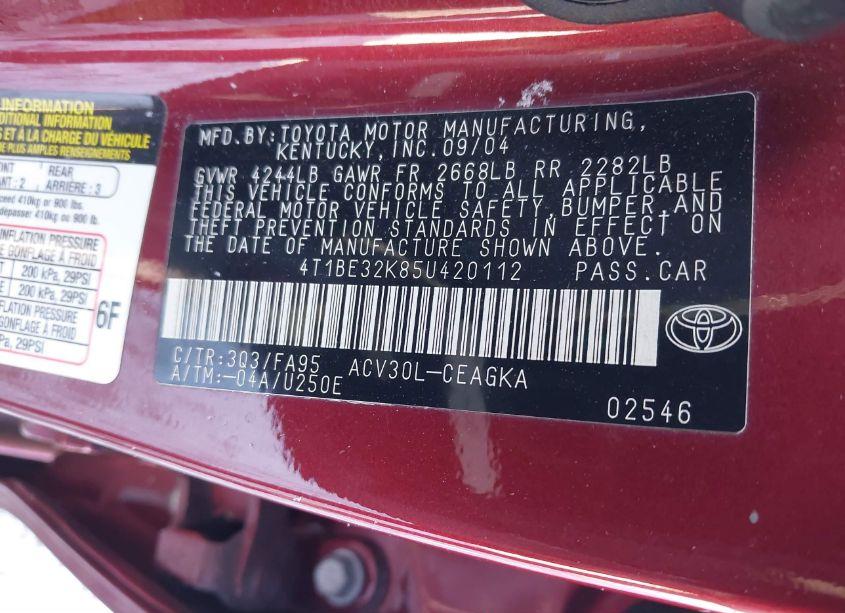 Photo 9 of 2005 Toyota Camry XLE (VIN 4T1BE32K85U420112)