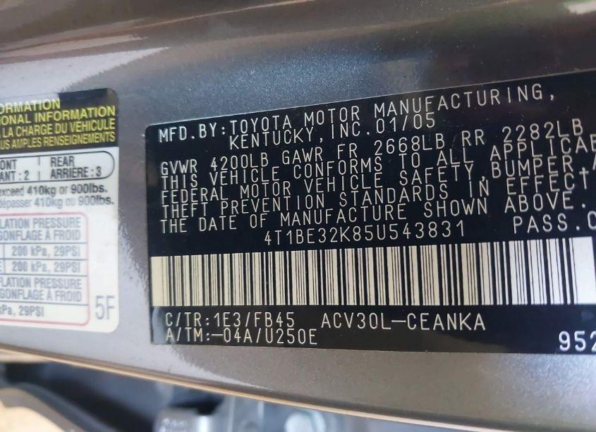 Photo 9 of 2005 Toyota Camry LE (VIN 4T1BE32K85U543831)
