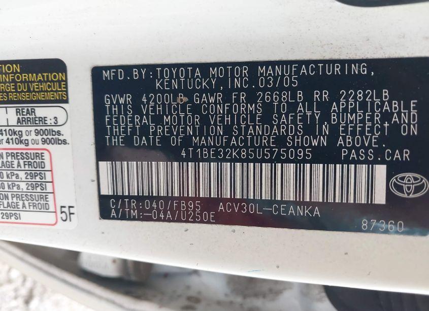 Photo 9 of 2005 Toyota Camry LE (VIN 4T1BE32K85U575095)
