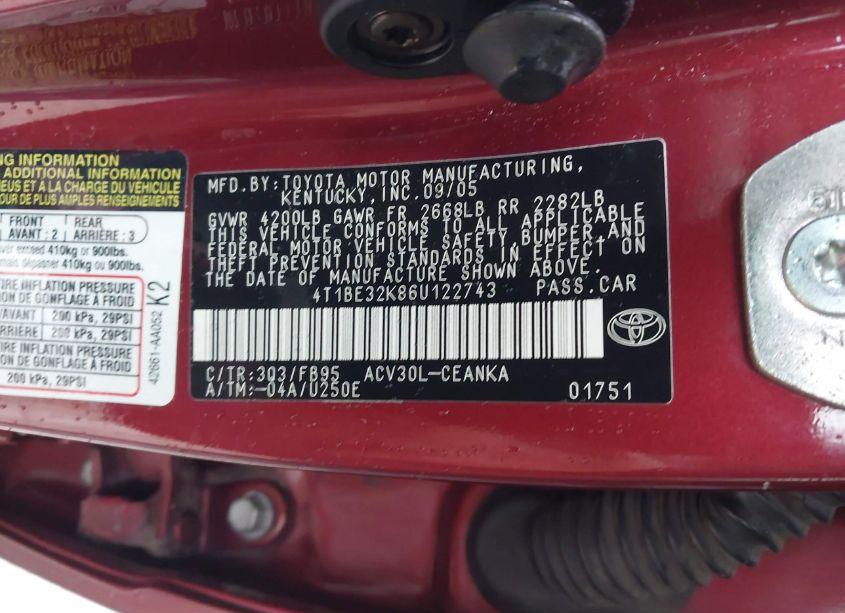 Photo 9 of 2006 Toyota Camry LE (VIN 4T1BE32K86U122743)