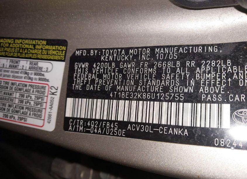 Photo 9 of 2006 Toyota Camry LE (VIN 4T1BE32K86U125755)