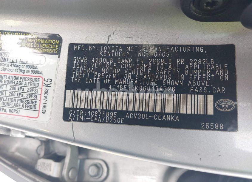 Photo 9 of 2006 Toyota Camry STD (VIN 4T1BE32K86U134326)
