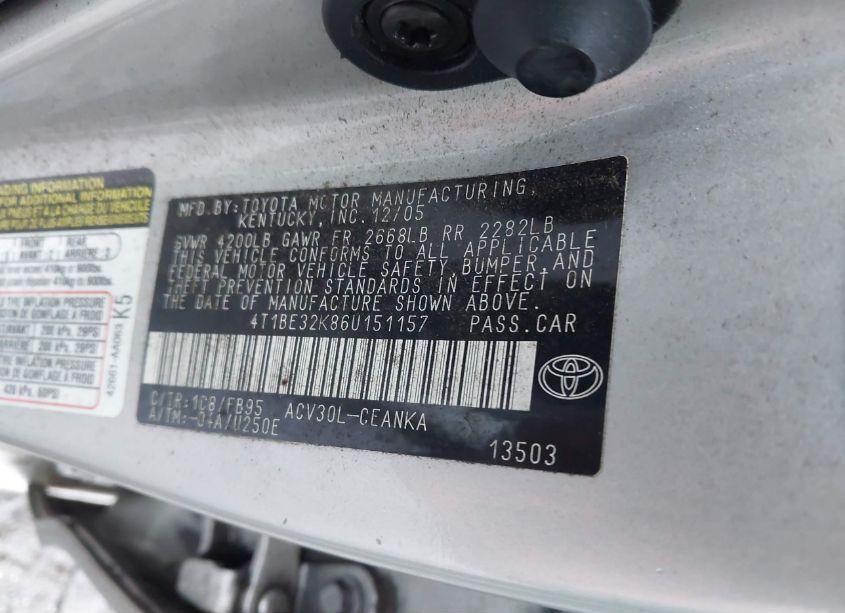 Photo 9 of 2006 Toyota Camry STD (VIN 4T1BE32K86U151157)