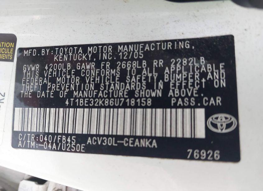 Photo 9 of 2006 Toyota Camry LE (VIN 4T1BE32K86U718158)
