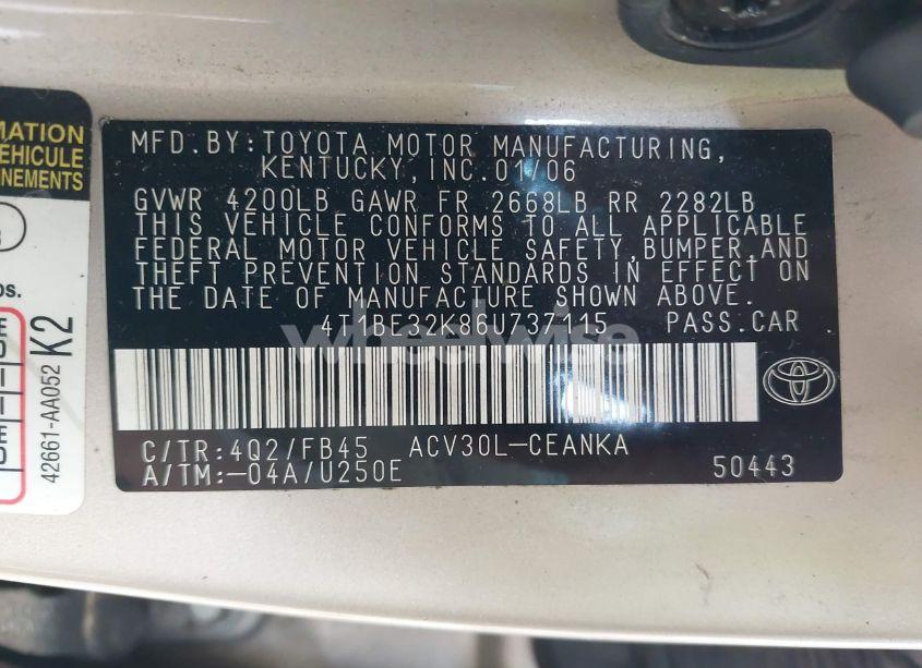 Photo 9 of 2006 Toyota Camry LE (VIN 4T1BE32K86U737115)