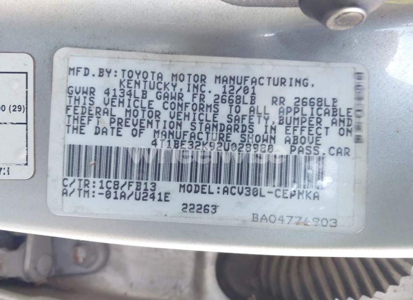 Photo 9 of 2002 Toyota Camry LE (VIN 4T1BE32K92U028980)