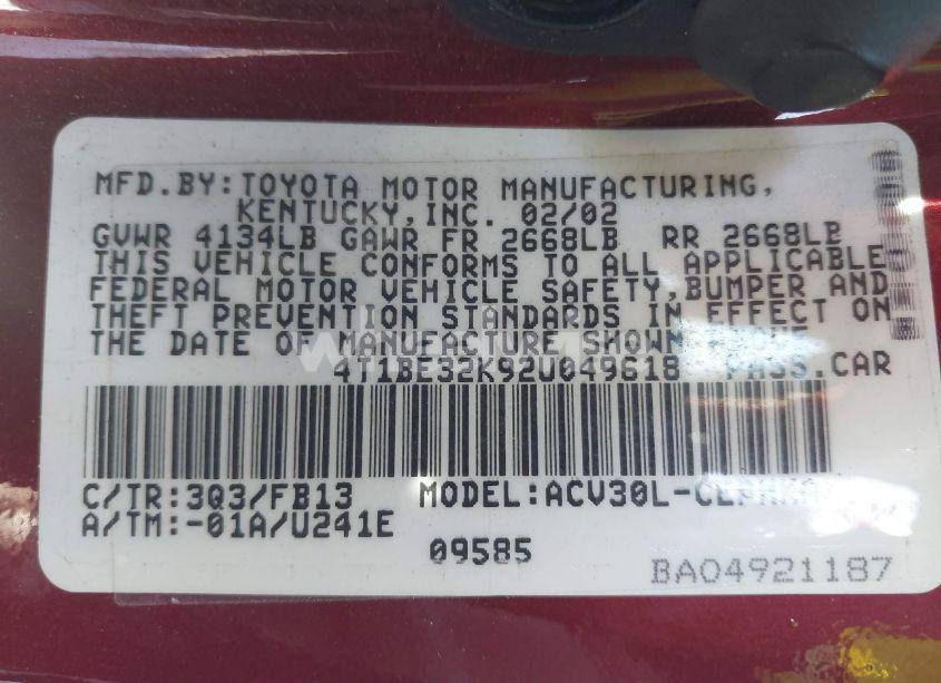 Photo 9 of 2002 Toyota Camry LE/XLE/SE (VIN 4T1BE32K92U049618)