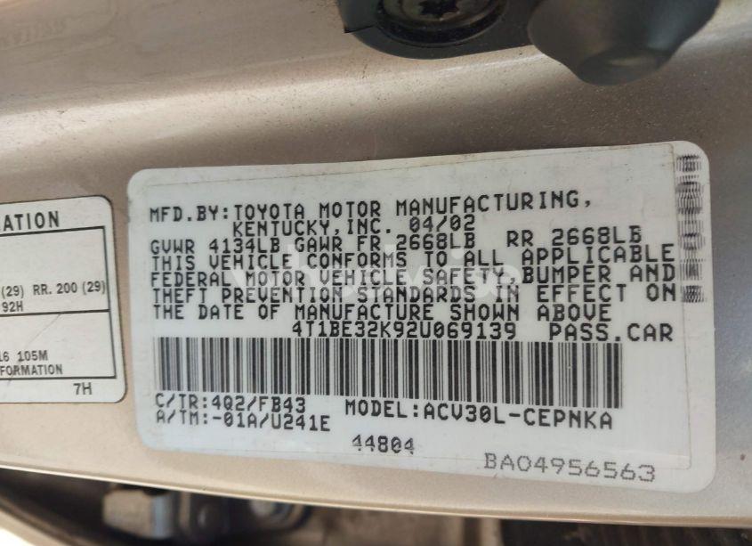 Photo 9 of 2002 Toyota Camry LE (VIN 4T1BE32K92U069139)