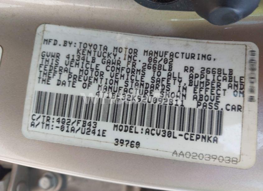 Photo 9 of 2002 Toyota Camry LE (VIN 4T1BE32K92U092811)