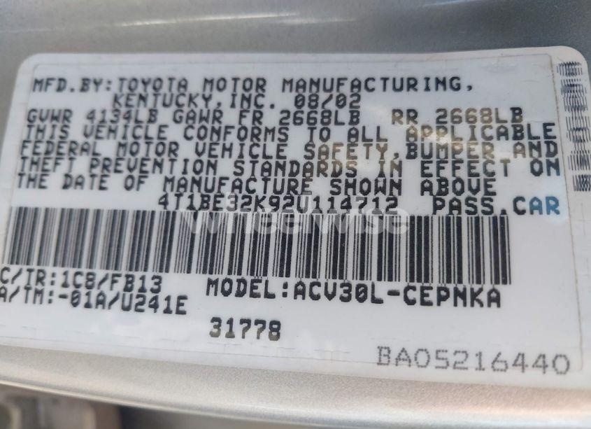 Photo 9 of 2002 Toyota Camry LE (VIN 4T1BE32K92U114712)