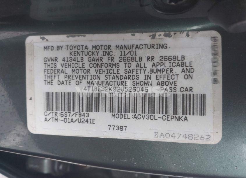 Photo 9 of 2002 Toyota Camry LE (VIN 4T1BE32K92U526046)