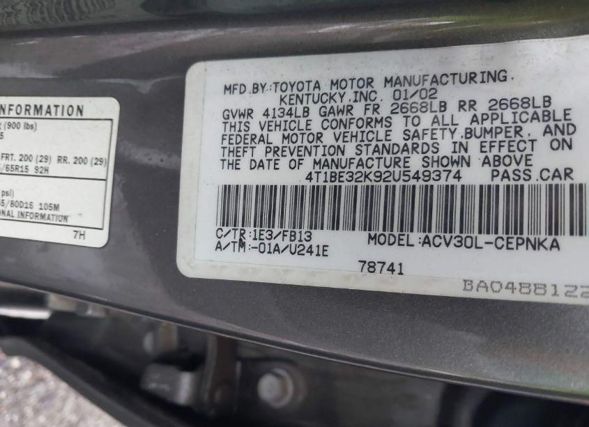 Photo 9 of 2002 Toyota Camry LE (VIN 4T1BE32K92U549374)