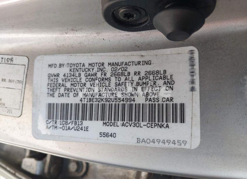 Photo 9 of 2002 Toyota Camry LE (VIN 4T1BE32K92U554994)