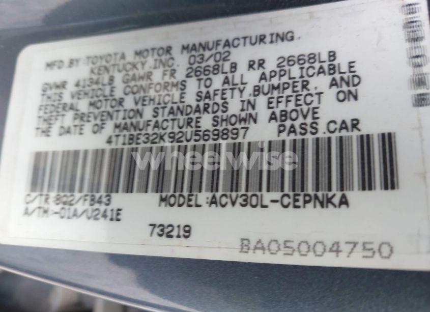 Photo 9 of 2002 Toyota Camry LE (VIN 4T1BE32K92U569897)