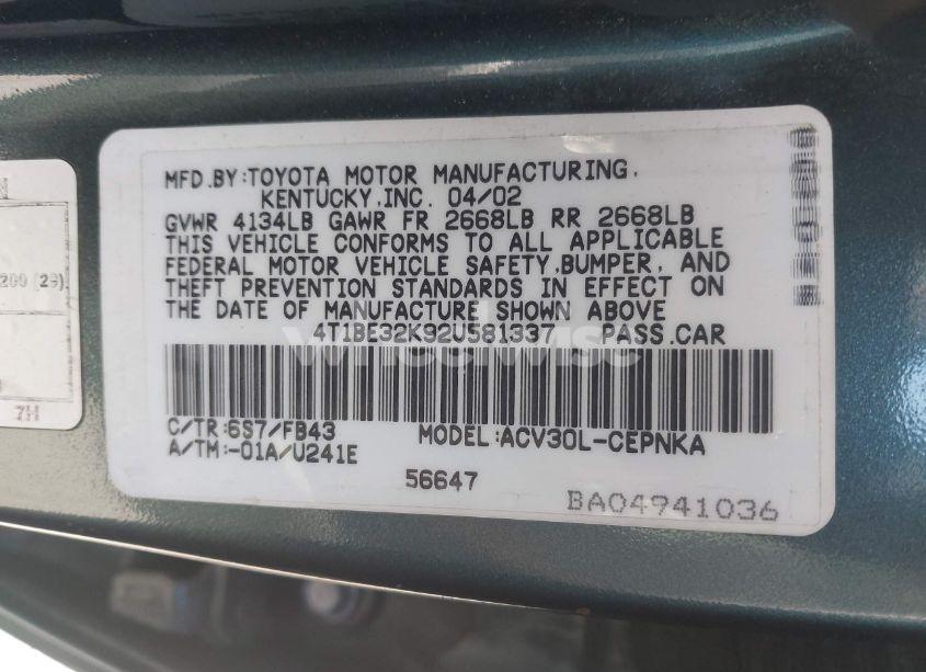 Photo 9 of 2002 Toyota Camry LE (VIN 4T1BE32K92U581337)