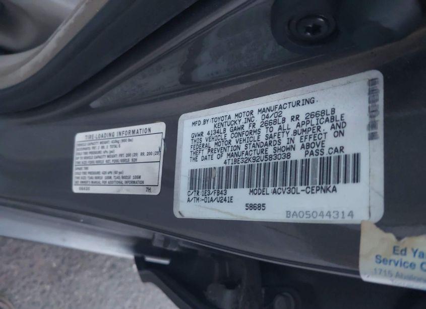 Photo 9 of 2002 Toyota Camry LE (VIN 4T1BE32K92U583038)