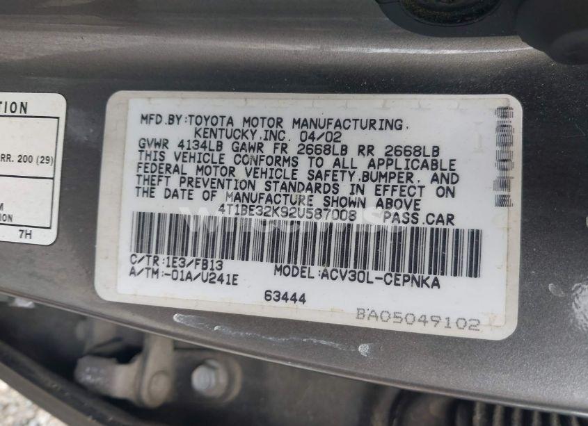 Photo 9 of 2002 Toyota Camry LE (VIN 4T1BE32K92U587008)