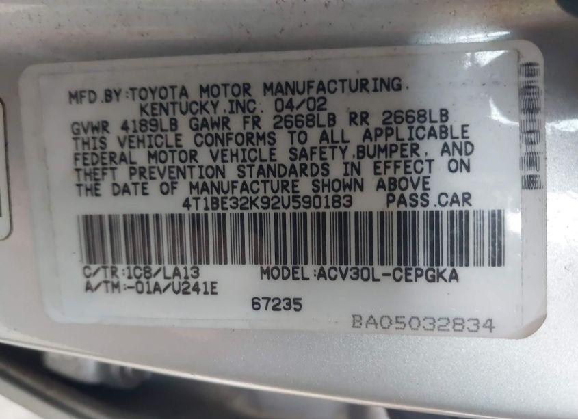 Photo 9 of 2002 Toyota Camry XLE (VIN 4T1BE32K92U590183)