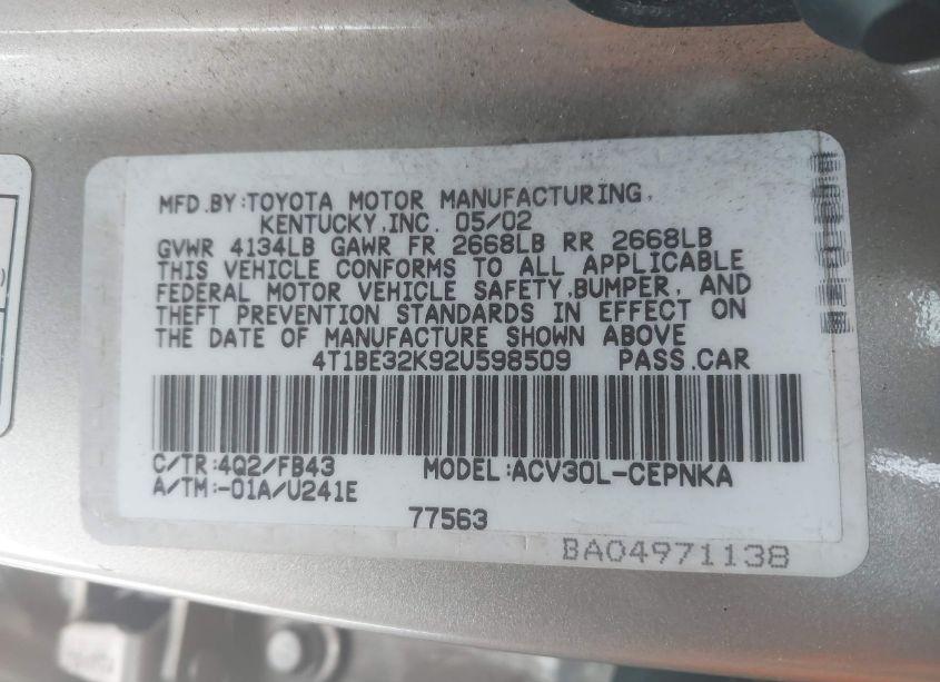 Photo 9 of 2002 Toyota Camry LE (VIN 4T1BE32K92U598509)