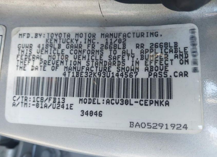 Photo 9 of 2003 Toyota Camry LE (VIN 4T1BE32K93U144567)