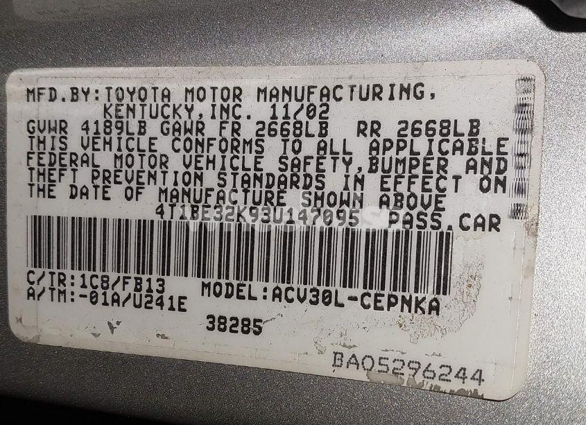 Photo 9 of 2003 Toyota Camry LE (VIN 4T1BE32K93U147095)
