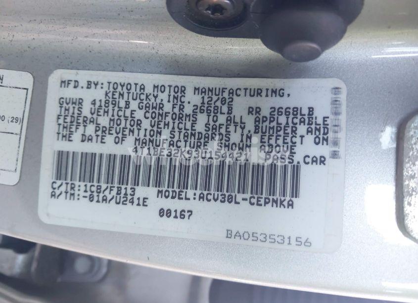 Photo 9 of 2003 Toyota Camry LE (VIN 4T1BE32K93U154421)