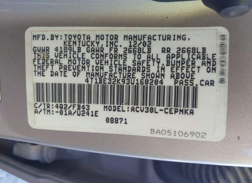 Photo 9 of 2003 Toyota Camry LE (VIN 4T1BE32K93U160204)