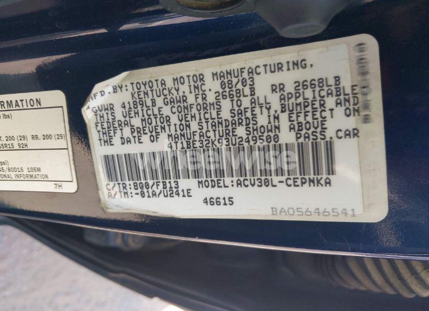 Photo 9 of 2003 Toyota Camry LE (VIN 4T1BE32K93U249500)