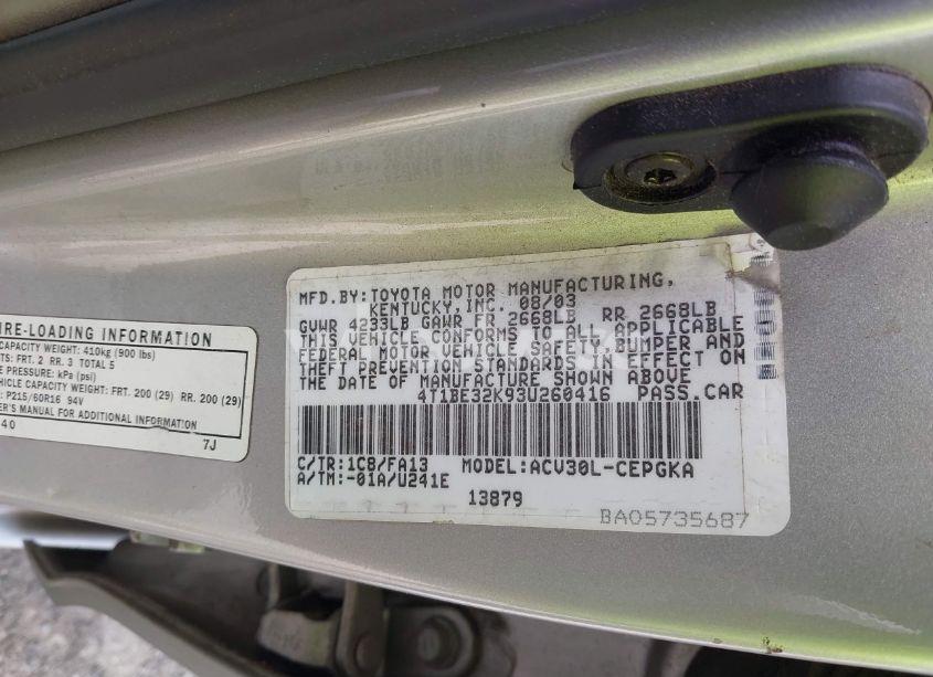 Photo 9 of 2003 Toyota Camry XLE (VIN 4T1BE32K93U260416)