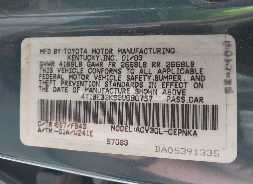 Photo 9 of 2003 Toyota Camry LE (VIN 4T1BE32K93U680757)