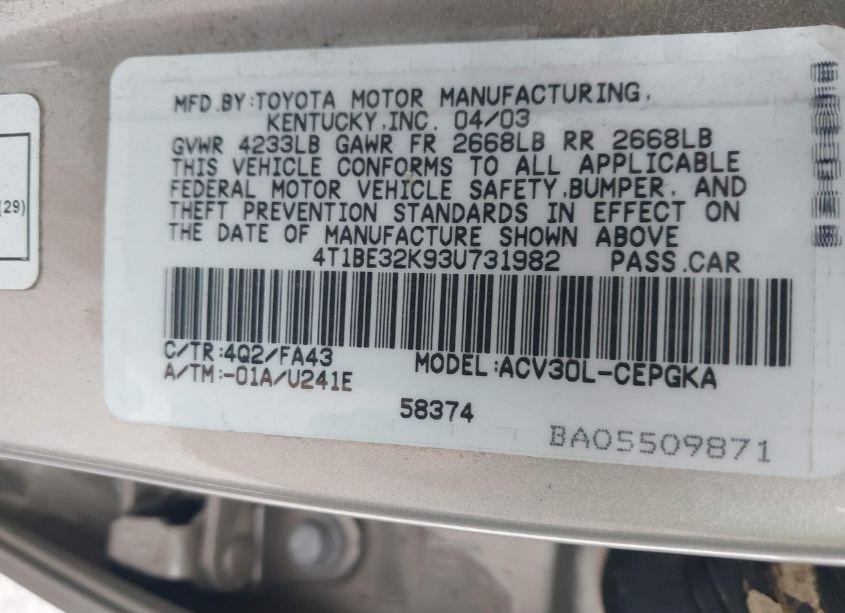 Photo 9 of 2003 Toyota Camry XLE (VIN 4T1BE32K93U731982)