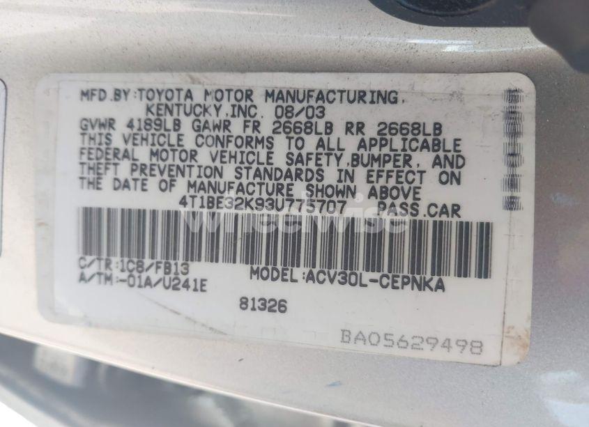 Photo 9 of 2003 Toyota Camry LE (VIN 4T1BE32K93U775707)