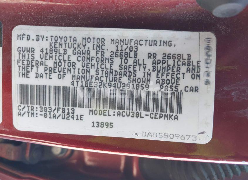 Photo 9 of 2004 Toyota Camry LE (VIN 4T1BE32K94U291859)