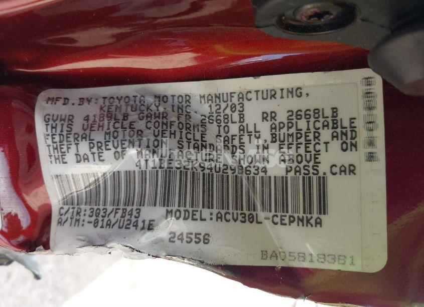 Photo 9 of 2004 Toyota Camry LE (VIN 4T1BE32K94U298634)