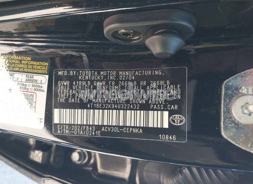 Photo 9 of 2004 Toyota Camry LE (VIN 4T1BE32K94U322432)