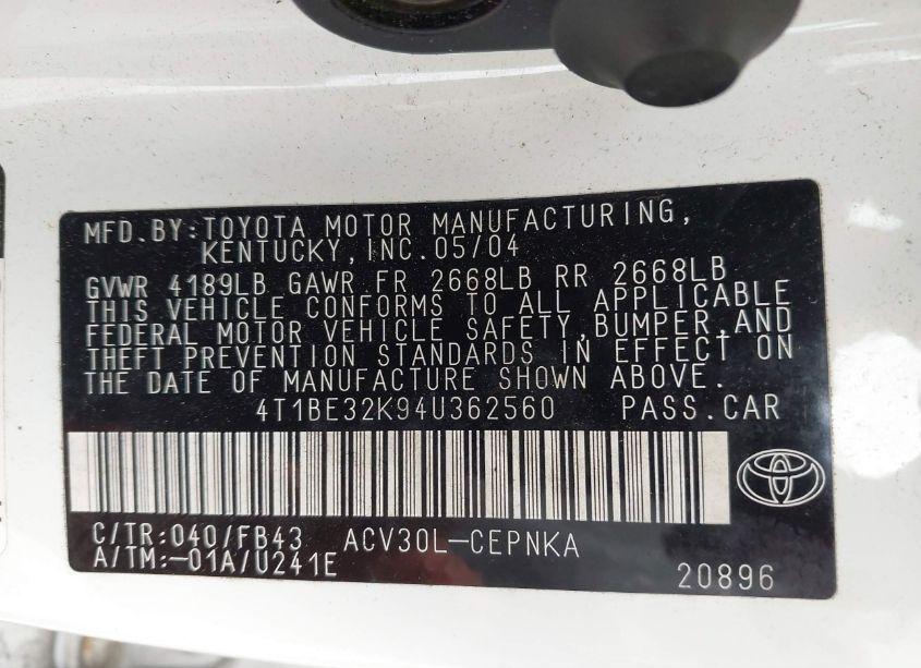 Photo 9 of 2004 Toyota Camry LE (VIN 4T1BE32K94U362560)