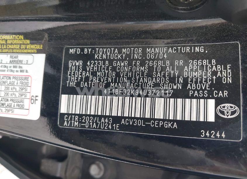 Photo 9 of 2004 Toyota Camry XLE (VIN 4T1BE32K94U372117)