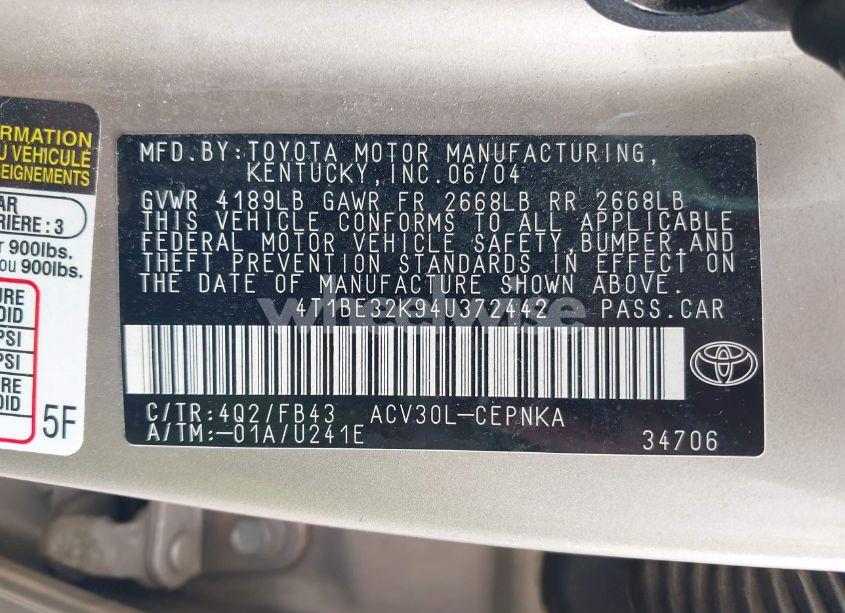 Photo 9 of 2004 Toyota Camry LE/XLE/SE (VIN 4T1BE32K94U372442)